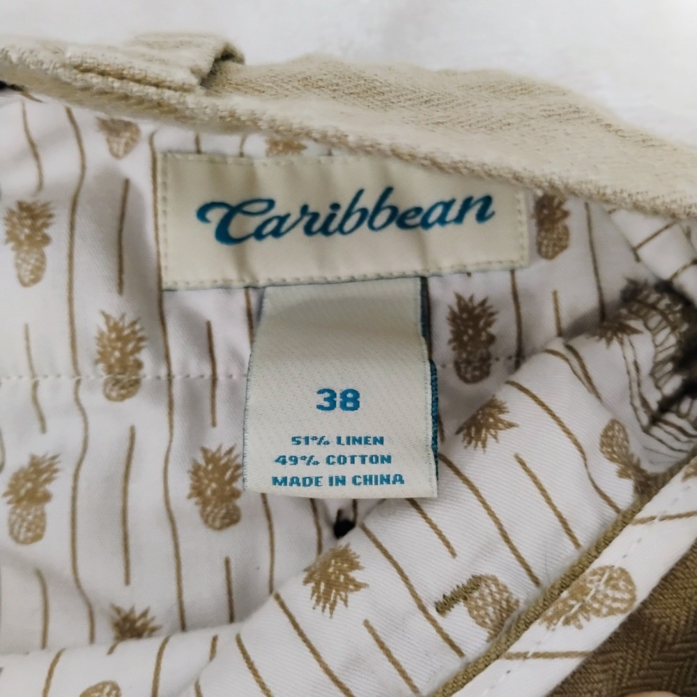 Caribbean Mens 38 Khaki Tan Linen Cotton Herringbone Pleated Shorts - Picture 5 of 6